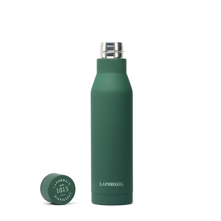 Green Laphroaig water bottle on a white background