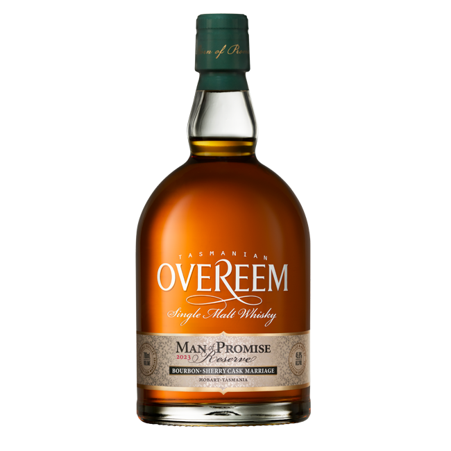 A bottle of Overeem Man of Promise 2023 Australian Single Malt Whisky, with a dark green cap and gold label, matured in sherry and bourbon casks, is shown against a plain white background.
