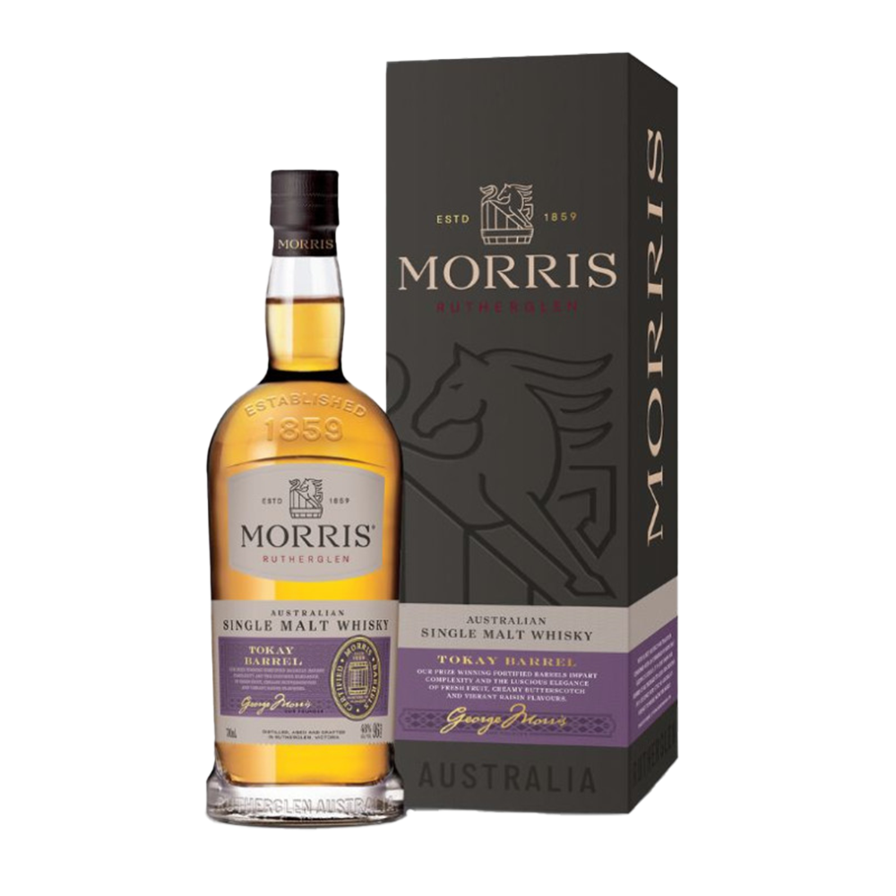 A bottle of Morris Tokay Barrel Australian Single Malt Whisky stands beside its black and gold box adorned with a horse logo and gold text. The light amber Rutherglen whisky features a signature label near the base.