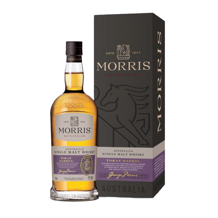 A bottle of Morris Tokay Barrel Australian Single Malt Whisky stands beside its black and gold box adorned with a horse logo and gold text. The light amber Rutherglen whisky features a signature label near the base.