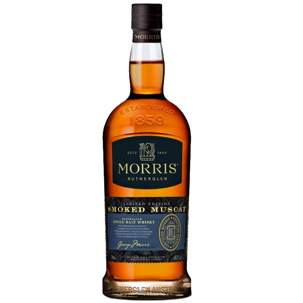A bottle of Morris Limited Edition Smoked Muscat Australian Single Malt Whisky, with amber liquid, gold embossed details, and a blue and gold label highlighting this unique whisky.