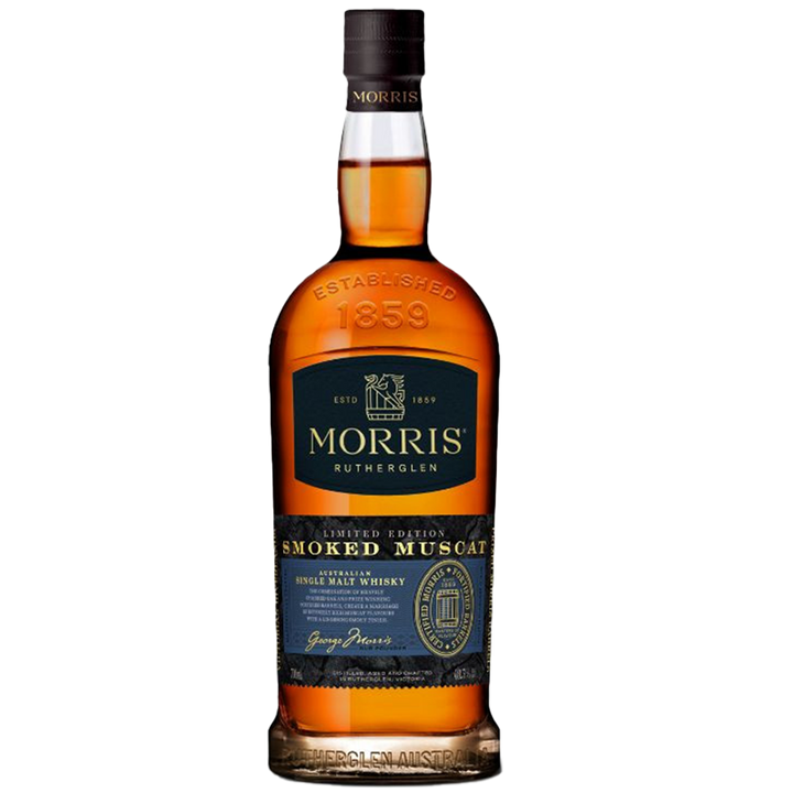 A bottle of Morris Limited Edition Smoked Muscat Australian Single Malt Whisky, with amber liquid, gold embossed details, and a blue and gold label highlighting this unique whisky.