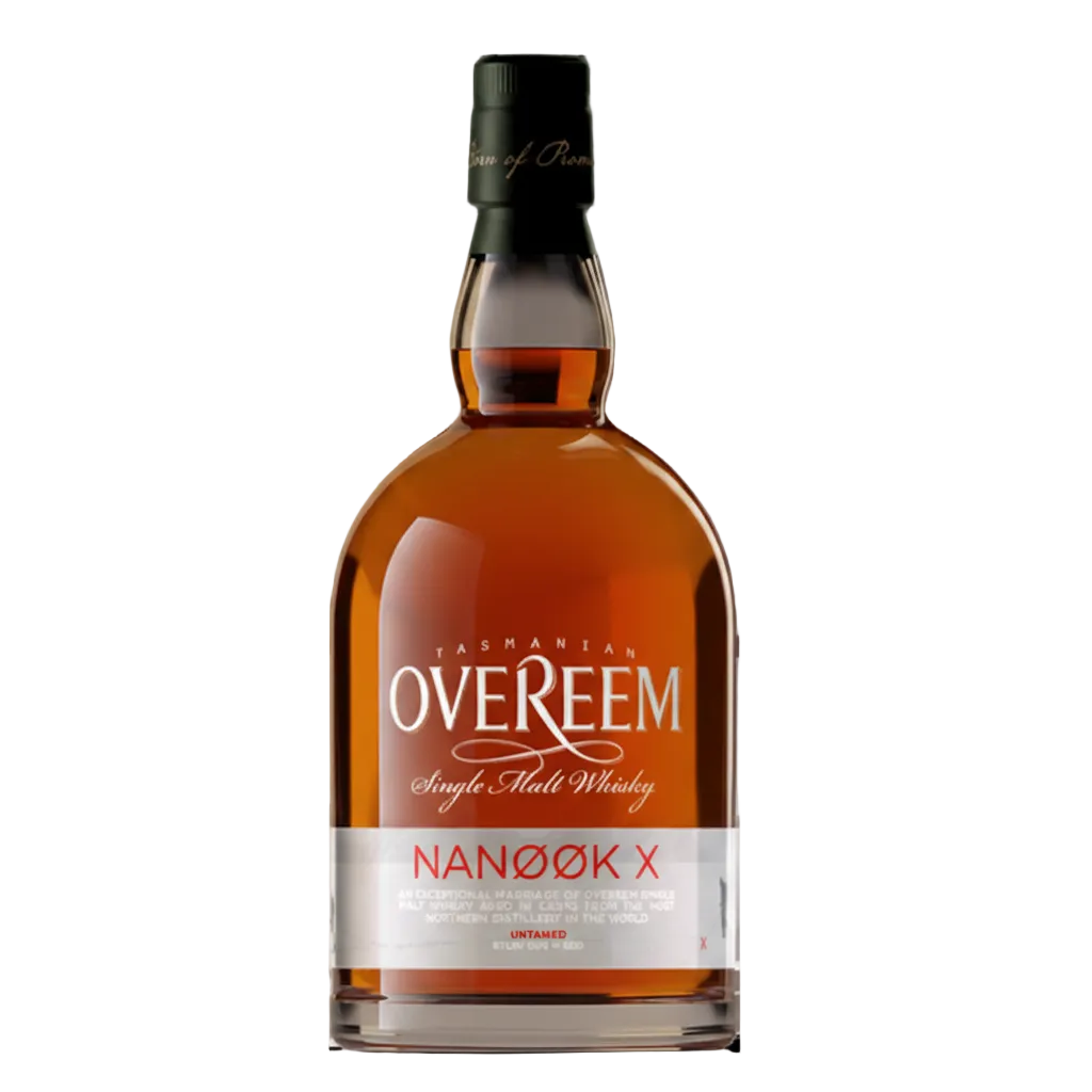 A bottle of Tasmania Overeem Nanook X Single Malt Whisky on a plain white background. The bottle is made of dark amber glass, filled with the whisky, and features a black screw cap and a white label with red and black text.