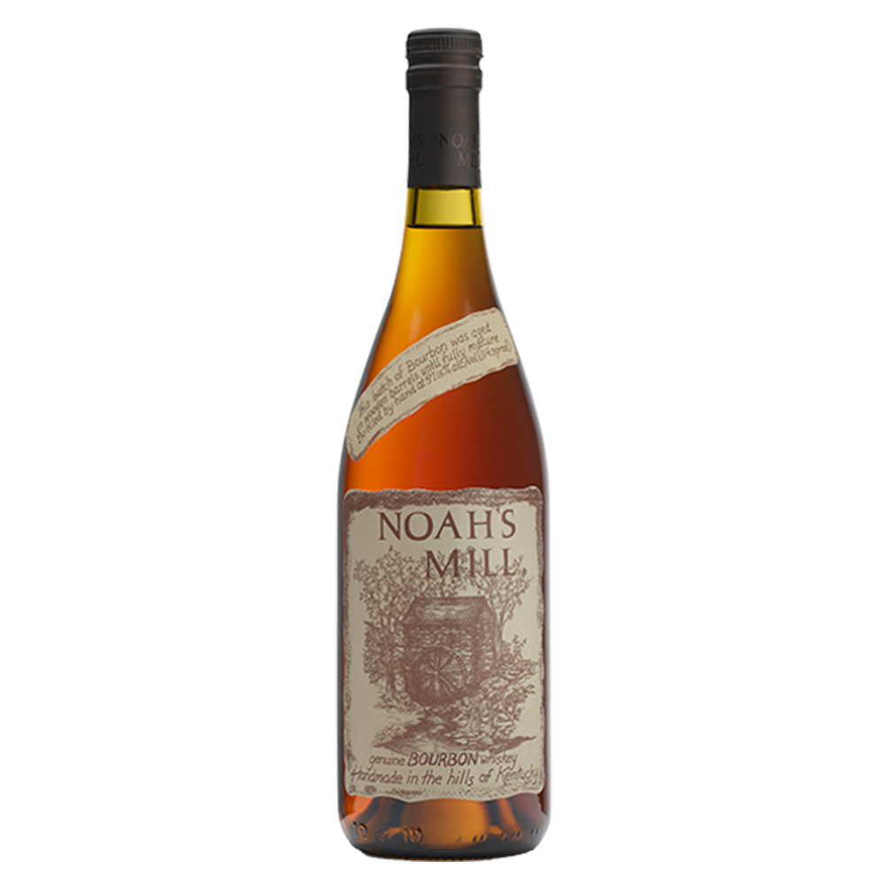 A bottle of Willett Family Estate Noah's Mill Bourbon Whiskey, featuring a brown cap and vintage-style label with a mill illustration, highlighting this small-batch bourbon from the renowned Willett Family Distillery.