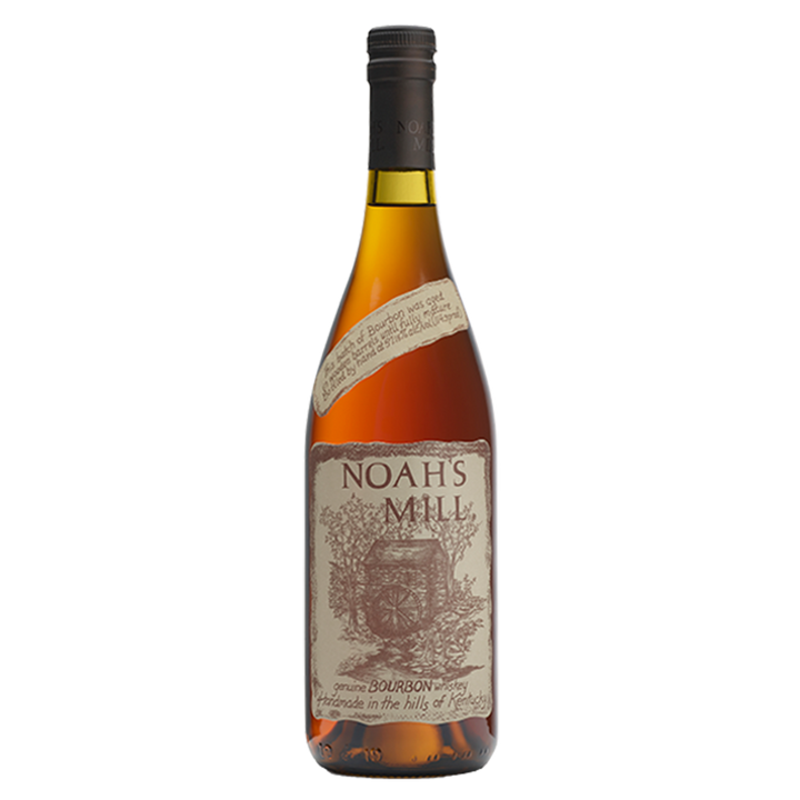A bottle of Willett Family Estate Noah's Mill Bourbon Whiskey, featuring a brown cap and vintage-style label with a mill illustration, highlighting this small-batch bourbon from the renowned Willett Family Distillery.
