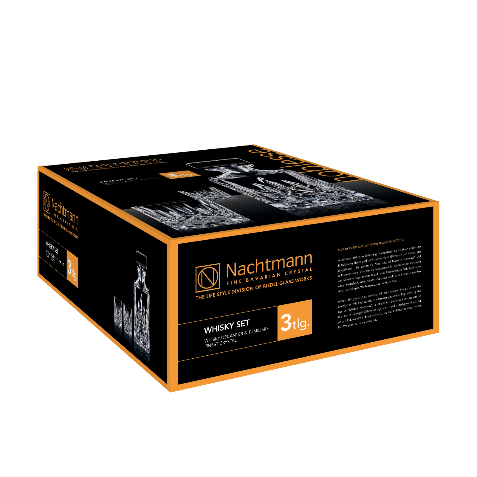 A black and orange Nachtmann box presents the Nachtmann Noblesse Whisky Decanter Set—premium Bavarian crystal decanter with glasses. "WHISKY SET" and "3 tlg." are highlighted, with product info and branding on several sides.