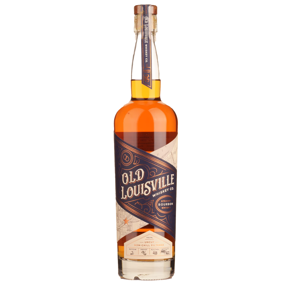 A bottle of Old Louisville Whiskey Co. Straight Bourbon Whiskey Batch 2, with a navy and gold diagonal label, decorative accents, amber whiskey inside, and sealed with a wax-topped cork.
