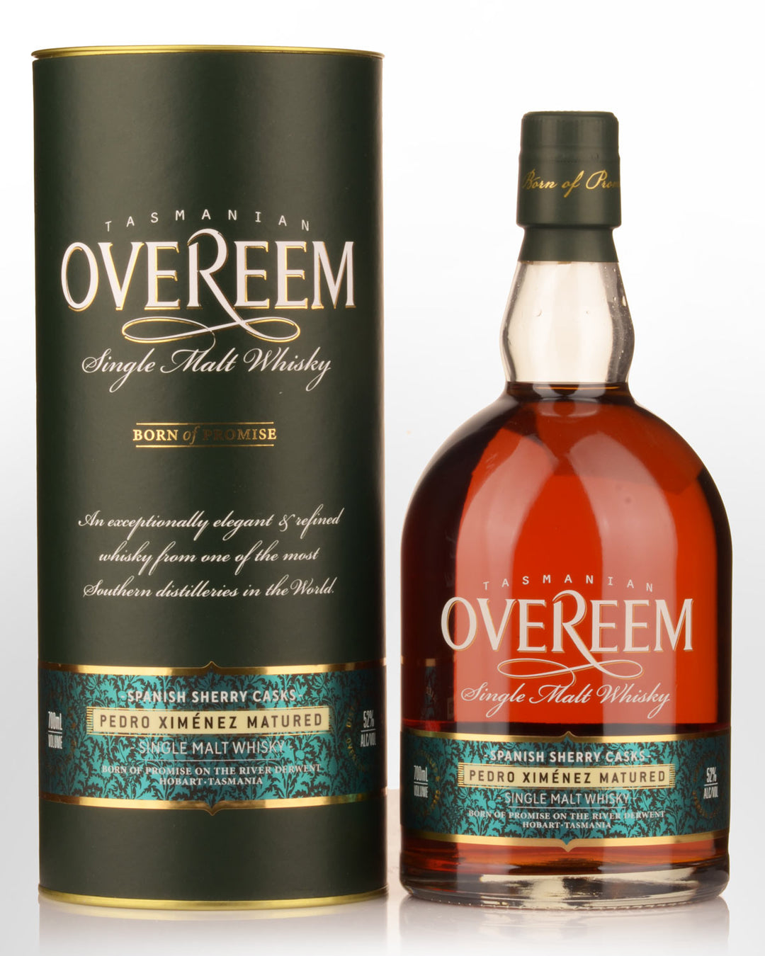 A bottle of Overeem Single Malt Whisky next to its matching dark green cylindrical packaging box, featuring gold and teal accents on a white background.