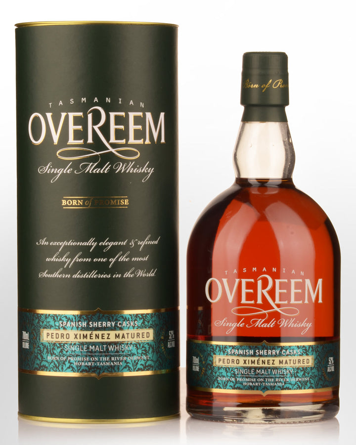 A bottle of Overeem Single Malt Whisky next to its matching dark green cylindrical packaging box, featuring gold and teal accents on a white background.