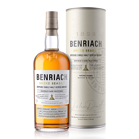 A bottle of Benriach Smoke Season Single Malt Scotch Whisky stands beside its cylindrical packaging, both displaying cream and gold labels with black and orange text.