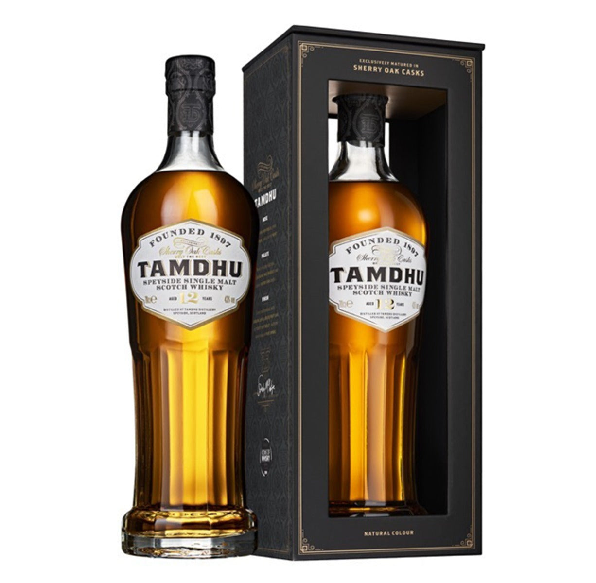 Tamdhu whisky bottle with packaging on a white background