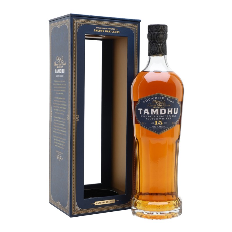 Tamdhu whisky bottle with packaging on a white background