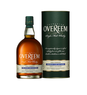 "Overeem Bourbon Cask – Cask Strength whisky bottle and canister set available at Whisky Estate, featuring a bold design that highlights its cask strength and bourbon cask maturation. The clear glass bottle reveals the rich amber whisky, while the matching canister enhances the presentation, reflecting its smooth, robust flavor profile with notes of vanilla, caramel, and oak."