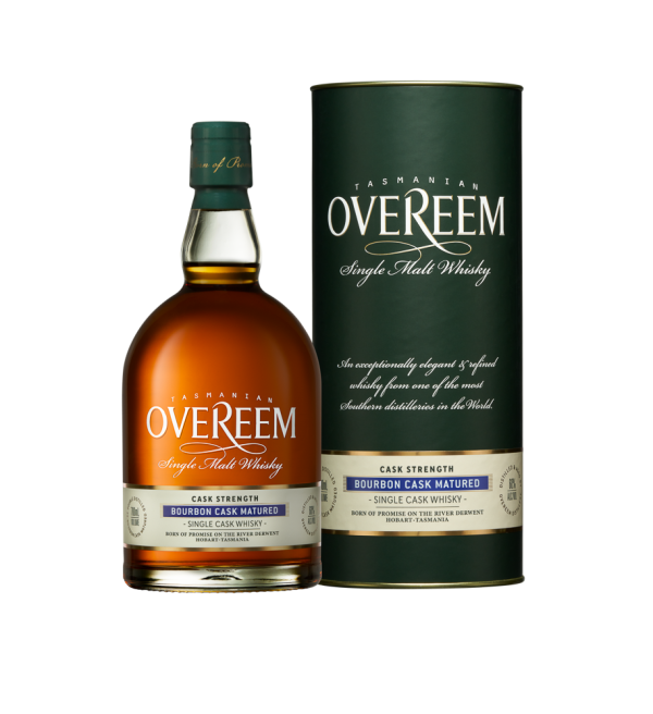 "Overeem Bourbon Cask – Cask Strength whisky bottle and canister set available at Whisky Estate, featuring a bold design that highlights its cask strength and bourbon cask maturation. The clear glass bottle reveals the rich amber whisky, while the matching canister enhances the presentation, reflecting its smooth, robust flavor profile with notes of vanilla, caramel, and oak."