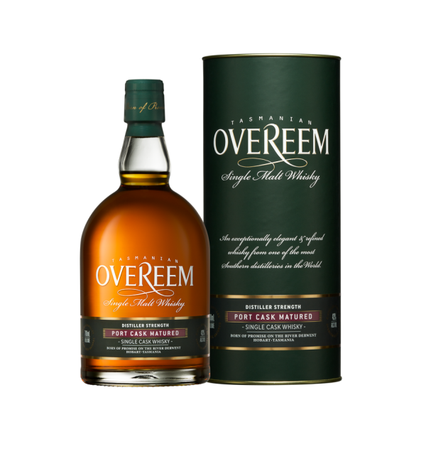 "Overeem Port Cask Matured – Distiller’s Strength whisky bottle and canister set available at Whisky Estate, featuring an elegant design that highlights its distiller’s strength and port cask maturation. The clear glass bottle showcases the rich amber whisky, while the premium canister complements the presentation, emphasizing its complex flavor profile with notes of dark fruit, chocolate, and spice."