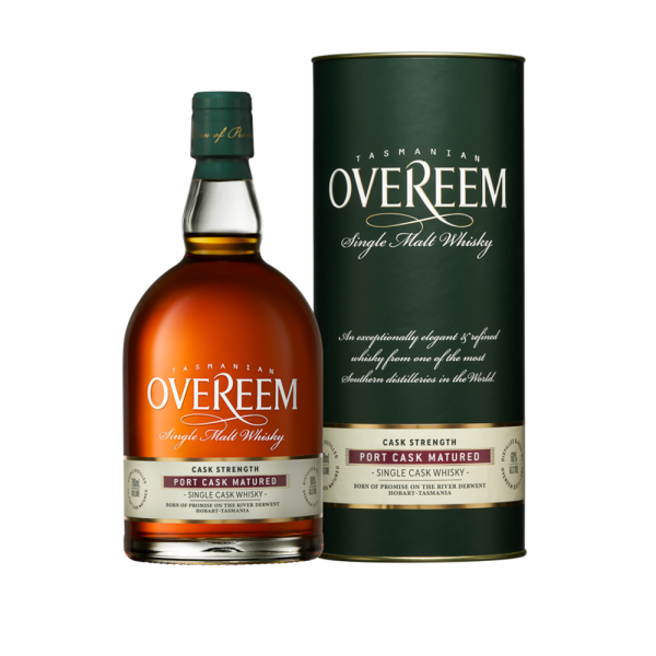 "Overeem Port Cask Matured – Cask Strength whisky bottle and canister set available at Whisky Estate, featuring a bold design that highlights its cask strength and port cask maturation. The clear glass bottle reveals the deep amber whisky, while the matching canister adds a premium touch, reflecting its rich, full-bodied flavor profile with notes of dark fruit, chocolate, and spice."