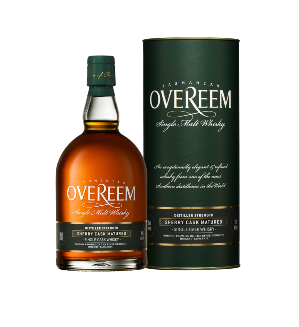 "Overeem Sherry Cask Matured – Distiller’s Strength whisky bottle and canister set available at Whisky Estate, featuring a sleek design that highlights its distiller’s strength and sherry cask maturation. The clear glass bottle showcases the rich amber whisky, while the elegant canister adds a refined presentation, reflecting its deep, complex flavor profile with notes of dried fruit, spice, and oak."