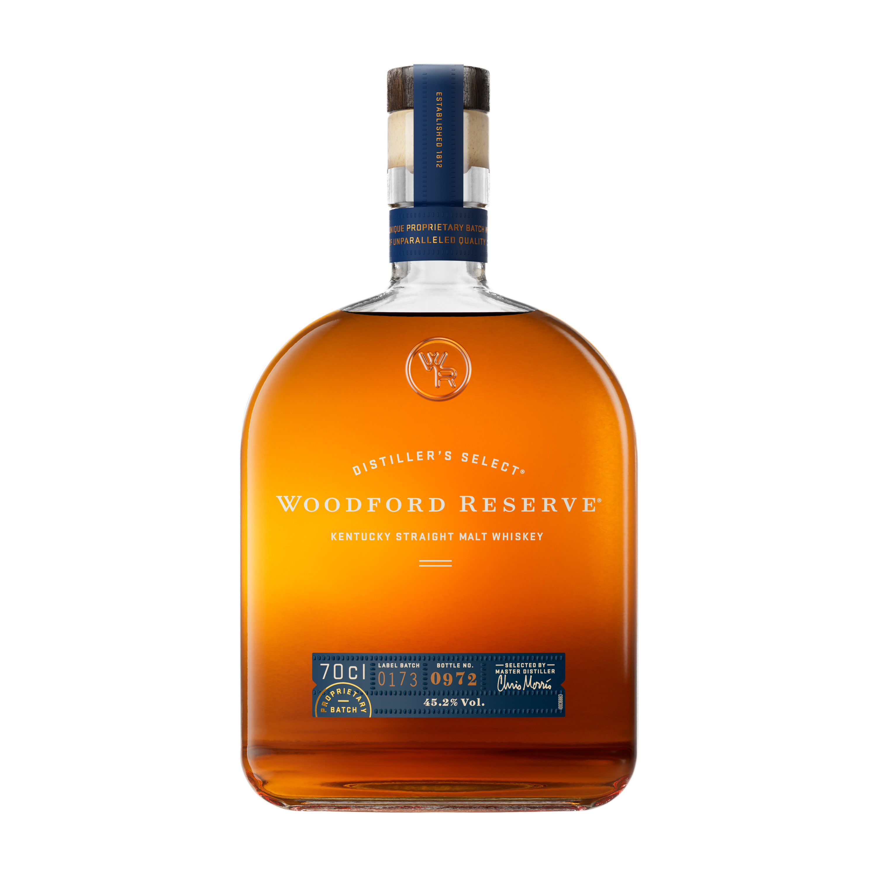 Woodford Reserve Kentucky Straight Malt Whisky bottle available at Whisky Estate, featuring a classic design with a sophisticated label that highlights its malt-forward character. The clear glass bottle showcases the rich amber whisky, reflecting its smooth, well-rounded flavor profile and premium craftsmanship.