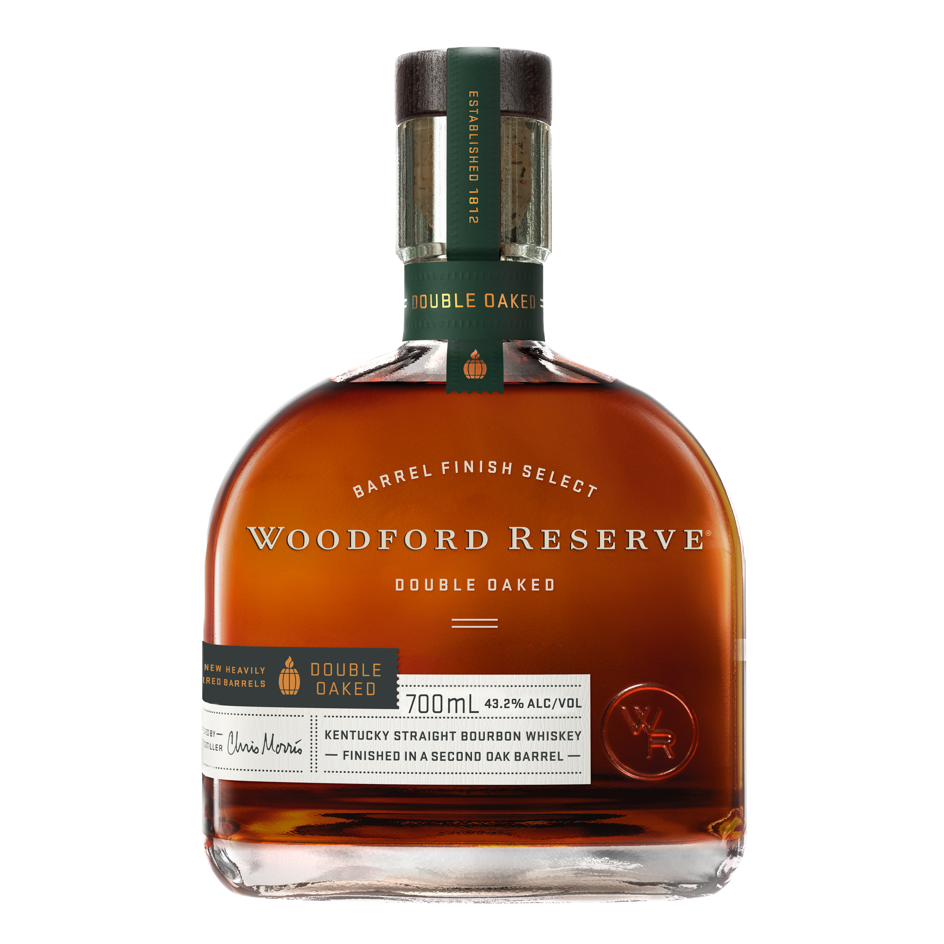 "Woodford Reserve Double Oaked bottle available at Whisky Estate, featuring a classic design with a label that highlights the unique double-barrel aging process. The clear glass bottle showcases the deep amber whisky, reflecting its rich, full-bodied flavor profile and exceptional craftsmanship."
