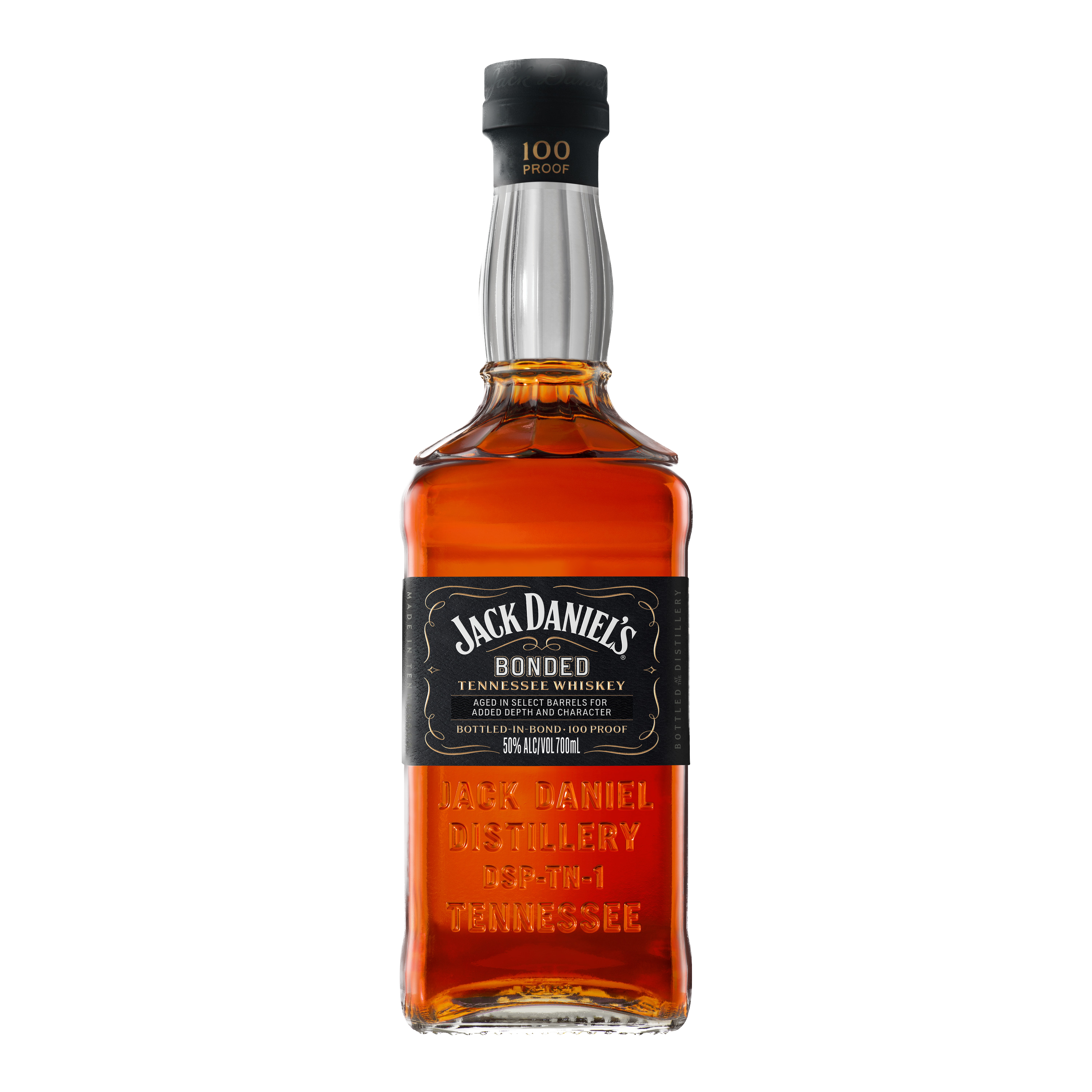 "Jack Daniel's Bonded Tennessee Whiskey bottle and packaging box available at Whisky Estate, showcasing a bold, classic design. The amber glass bottle highlights the rich, deep amber whiskey inside, while the dark, vintage-inspired box emphasizes its full-bodied flavor profile with notes of caramel, rich oak, and a smooth finish, crafted under the Bottled-in-Bond Act standards."