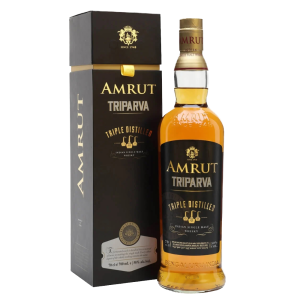 "Amrut Triparva whisky bottle and canister packaging available at Whisky Estate, featuring an elegant design that reflects its unique triple cask maturation process. The clear glass bottle reveals the golden whisky, while the stylish canister enhances the presentation, highlighting its complex flavor profile with notes of honey, spices, and tropical fruits, offering a smooth and layered tasting experience."