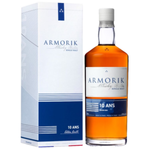 "Armorik 10 Ans (10 Year Old) whisky bottle and packaging box available at Whisky Estate, featuring a classic design that reflects its Breton heritage. The clear glass bottle showcases the golden amber whisky, while the stylish box enhances the presentation, highlighting its rich flavor profile with notes of caramel, vanilla, and a hint of spice, offering a smooth and well-rounded tasting experience."