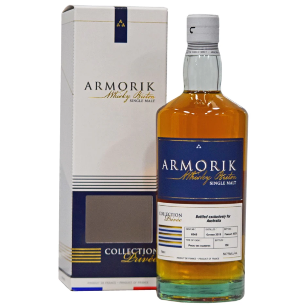 A bottle and box of the smooth Armorik Pineau des Charentes French Single Malt Whisky.