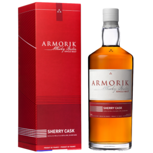 A bottle and box of the smooth Armorik Sherry Cask French Single Malt Whisky.