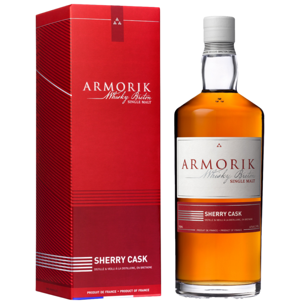 A bottle and box of the smooth Armorik Sherry Cask French Single Malt Whisky.