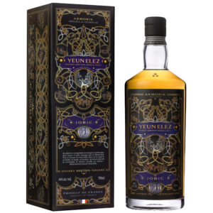 A bottle and box of the smooth Armorik Yeun Elez French Single Malt Whisky.