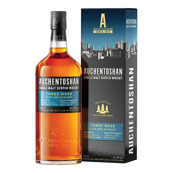 A bottle and box of the Scottish Single Malt Whisky from the Auchentoshan distillery, the Three Wood expression. - Whisky Estate