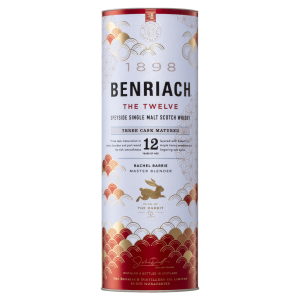 A canister of Benriach 12 year old single malt whisky. it is decorated for the Chinese new year and is a limited packaging