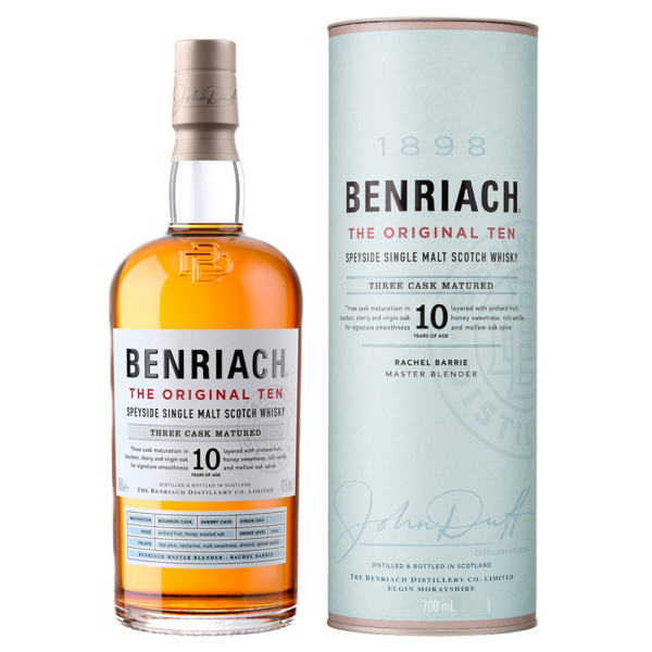 A bottle of Benriach The Original Ten displays its golden whisky and elegant label, emphasizing its 10-year age statement, renowned for its smooth combination of orchard fruit, honey, and oak, offering a classic Speyside single malt experience for whisky lovers. - Whisky Estate