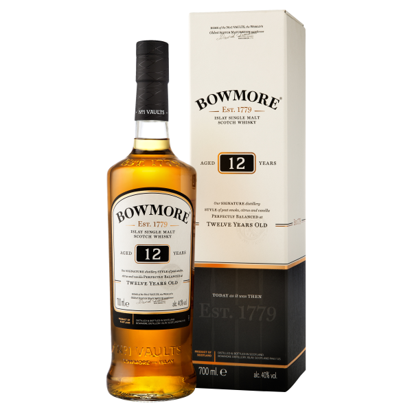Bowmore 12-year-old single malt whisky bottle and box, highlighting the Islay distillery’s signature balance of peat smoke, citrus, and honey.