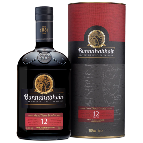 Bunnahabhain 12-year-old single malt whisky bottle and box, highlighting the Islay whisky’s smooth profile with rich notes of sherry, nuts, and subtle coastal brine. - Whisky Estate