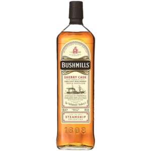 Bushmills Steamship Sherry Casks Reserve whisky bottle and box, showcasing the rich Irish single malt aged in sherry casks, with notes of dried fruit, nuts, and a hint of spice – Whisky Estate.