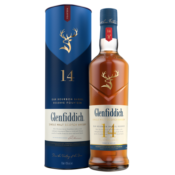 An image of a Glendifiddich 14 year old bourbon barrel reserve single malt whisky bottle and a branded canister package