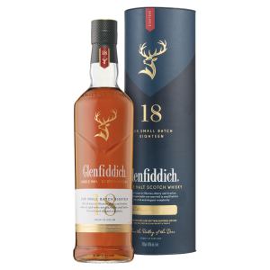 An image of a Glenfiddich 18 year old single malt whisky bottle and a branded canister package