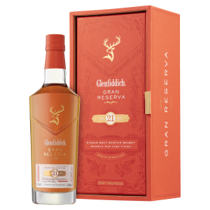 An image of a Glenfiddich 21 year old grand reserva single malt whisky bottle and a branded canister package