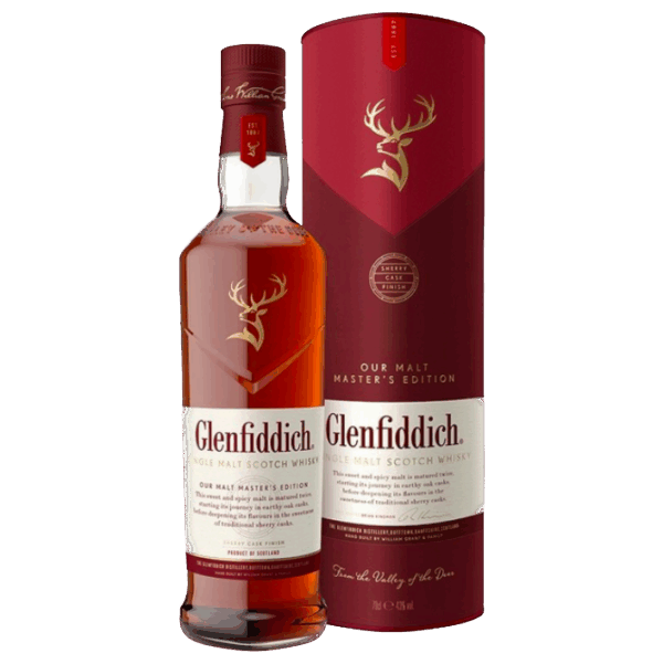 An image of a Glenfiddich Malt Masters single malt whisky bottle and a branded canister package