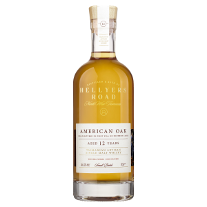 "Hellyers Road 12 Year Old Single Malt Whisky bottle with American Oak maturation, featuring a sleek design and deep amber liquid. The label highlights its Tasmanian origins and the use of American Oak barrels for a smooth, complex profile with notes of vanilla and spice."