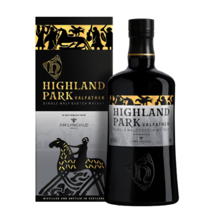 "Highland Park Valfather whisky bottle alongside its striking packaging at Whisky Estate. The clear glass bottle reveals a pale gold spirit, elegantly presented with a unique Viking-themed label that reflects its character. Known for its light, floral notes complemented by a subtle smokiness, Valfather embodies the spirit of the Norse god of wisdom and is a tribute to the Orkney Islands' rich heritage."