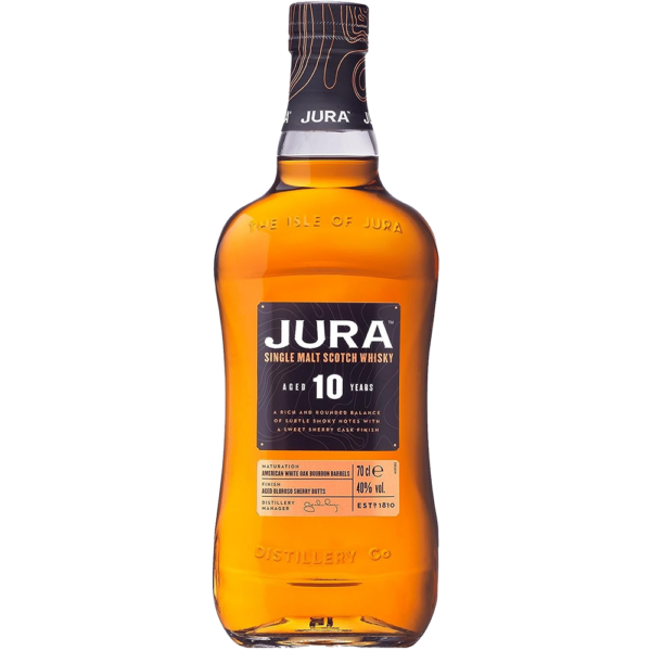 A standalone bottle of the Jura 10 Year Old from the Scottish Isle of Jura.