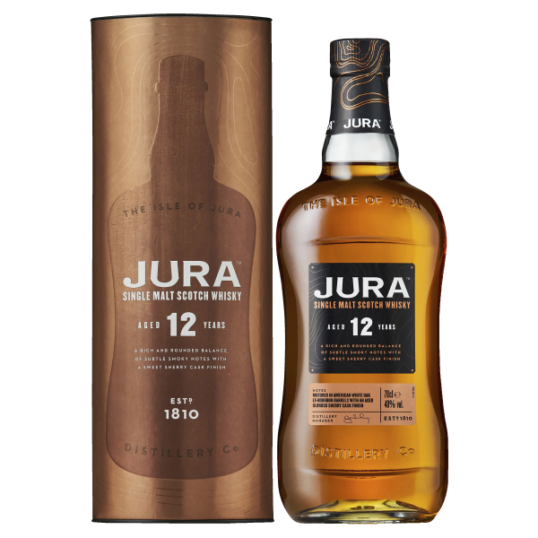 "Jura 12 Year Old whisky bottle and packaging box set available at Whisky Estate, featuring a sleek design that highlights its 12-year maturation. The clear glass bottle reveals the golden amber whisky, while the elegant box enhances the presentation, showcasing its balanced flavor profile with notes of rich chocolate, honey, and a hint of smoke, offering a smooth and approachable tasting experience."