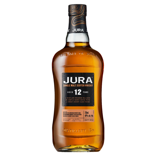 A standalone bottle of the Jura 12 Year Old Single MAlt Whisky.