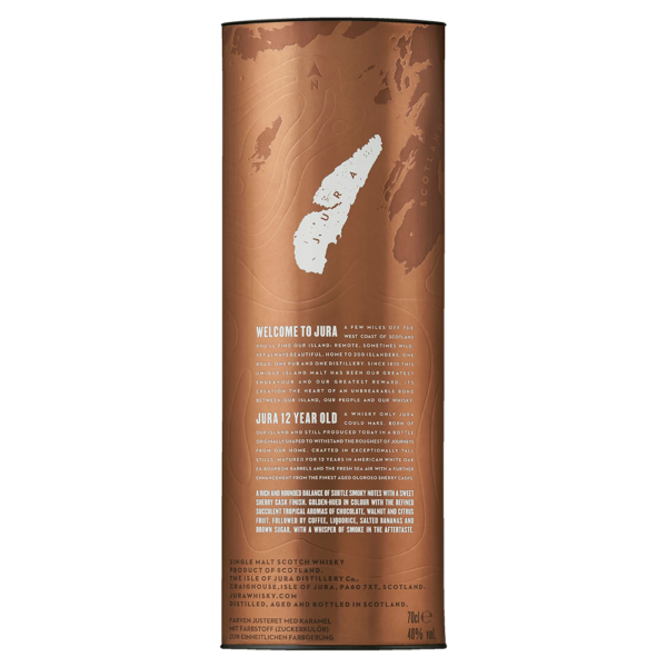 The back of the Jura 12 year old canister. it displays a map of the Isle of Jura in Scotland where the whisky is produced.