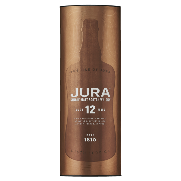 the front of the Jura 12 year old canister in a bronze colour.