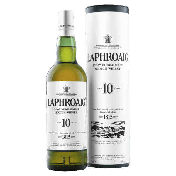 "Laphroaig 10 Year Old whisky bottle and canister set available at Whisky Estate, featuring a classic design that reflects its storied heritage. The clear glass bottle showcases the pale amber whisky, while the robust canister enhances the presentation, highlighting its rich flavor profile with bold notes of peat smoke, sea salt, and hints of vanilla, offering an authentic and memorable tasting experience."