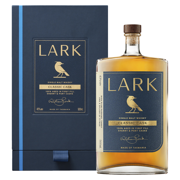 "Lark Classic Cask whisky bottle and box set available at Whisky Estate, featuring a sleek design that showcases the Tasmanian single malt. The clear glass bottle reveals the rich golden whisky, while the elegant box enhances the presentation, highlighting its complex flavor profile with notes of toffee, spice, and a touch of fruit, offering a smooth and full-bodied tasting experience."
