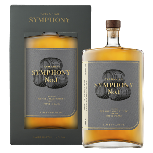 "Lark Symphony whisky bottle and box set available at Whisky Estate, featuring a modern design that highlights its Tasmanian heritage. The clear glass bottle showcases the golden whisky, while the stylish box enhances the presentation, reflecting its smooth and balanced flavor profile with notes of citrus, vanilla, and light spices, offering a harmonious tasting experience."